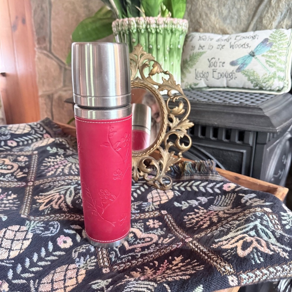 Starbucks Thermos Bottle Unisex 12oz Red Excellent Vintage 2004 Leather Sleeve